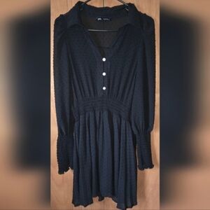 Zara Black Long-Sleeve Smocked-Waist Dress